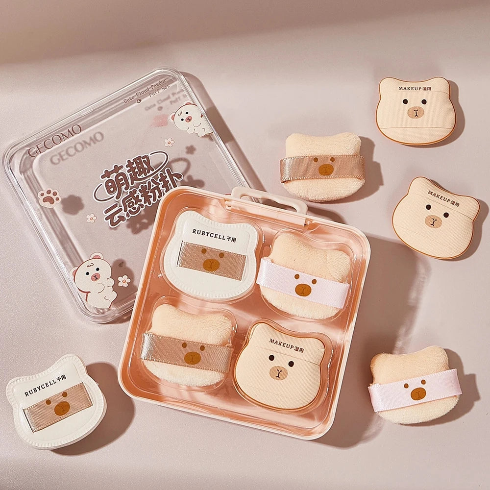 5/8PCS Cute Bear Powder Puff Set Soft Flocking Wet & Dry Use Sponge Mini Fingertip Puff forSkin-friendly Flocking Air Cushion Qme
