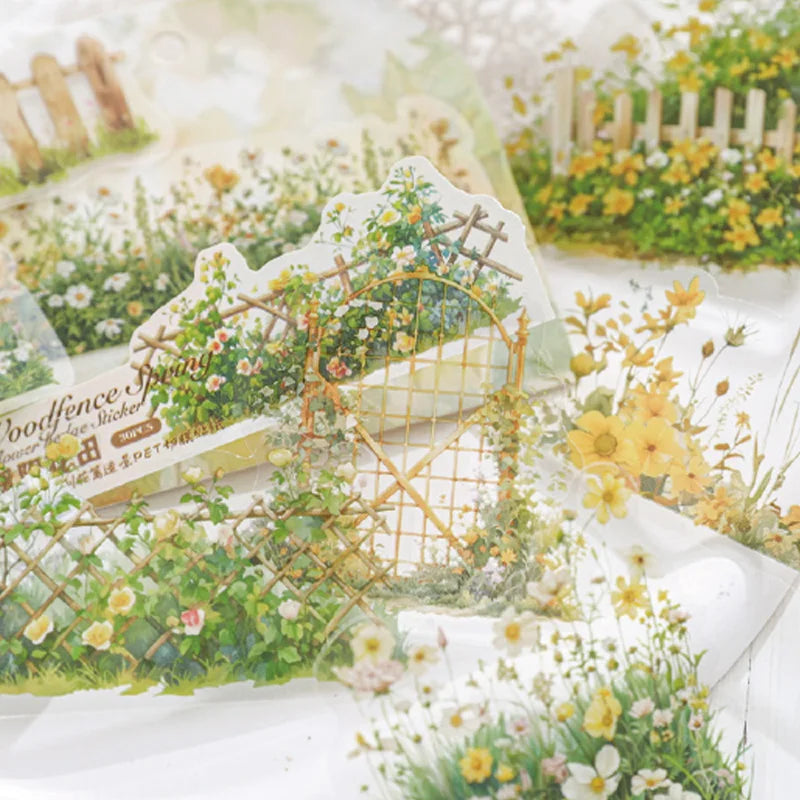 30 Sheets/Bag Floral Wooden Fence PET DieCut Sticker DIY Scrapbooking Journal Planner Notebook Phone Case Office Stationery Gift Qme