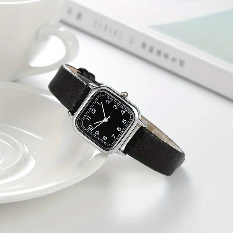 Casual Square Pointer Quartz Watch Analog PU Leather Wristwatch For Women Girls Students Qme black No