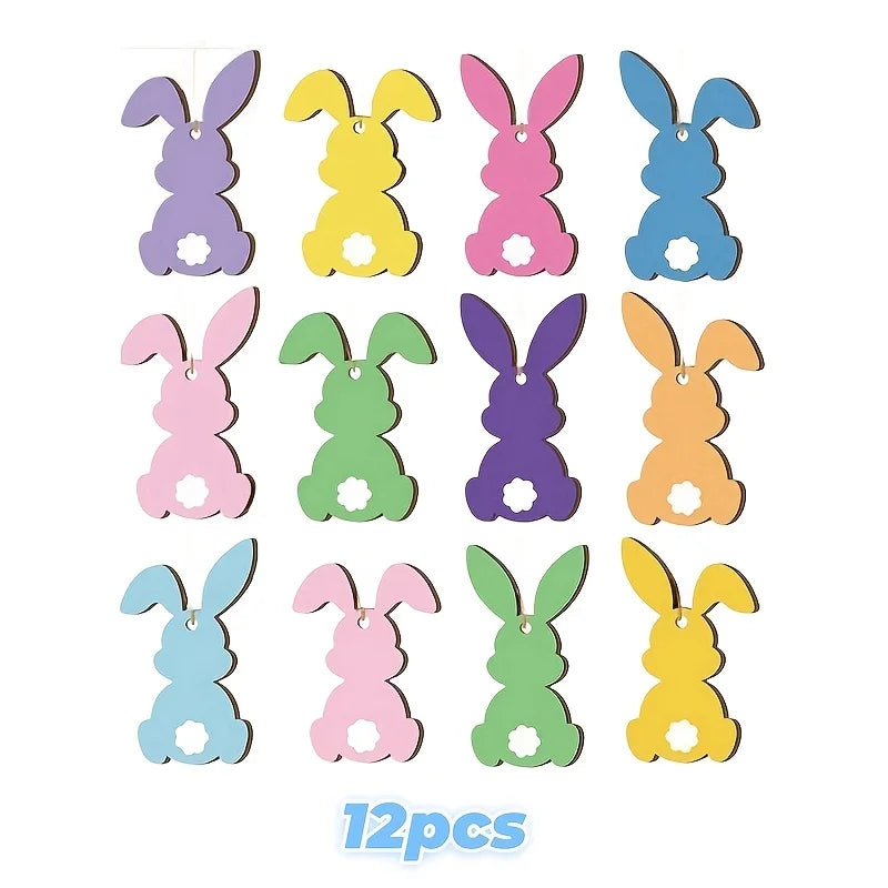 12Pcs colorful Easter bunny-shaped wooden pendants Christmas decorations, suitable for holiday decorations for themed party acti Qme 12pcs