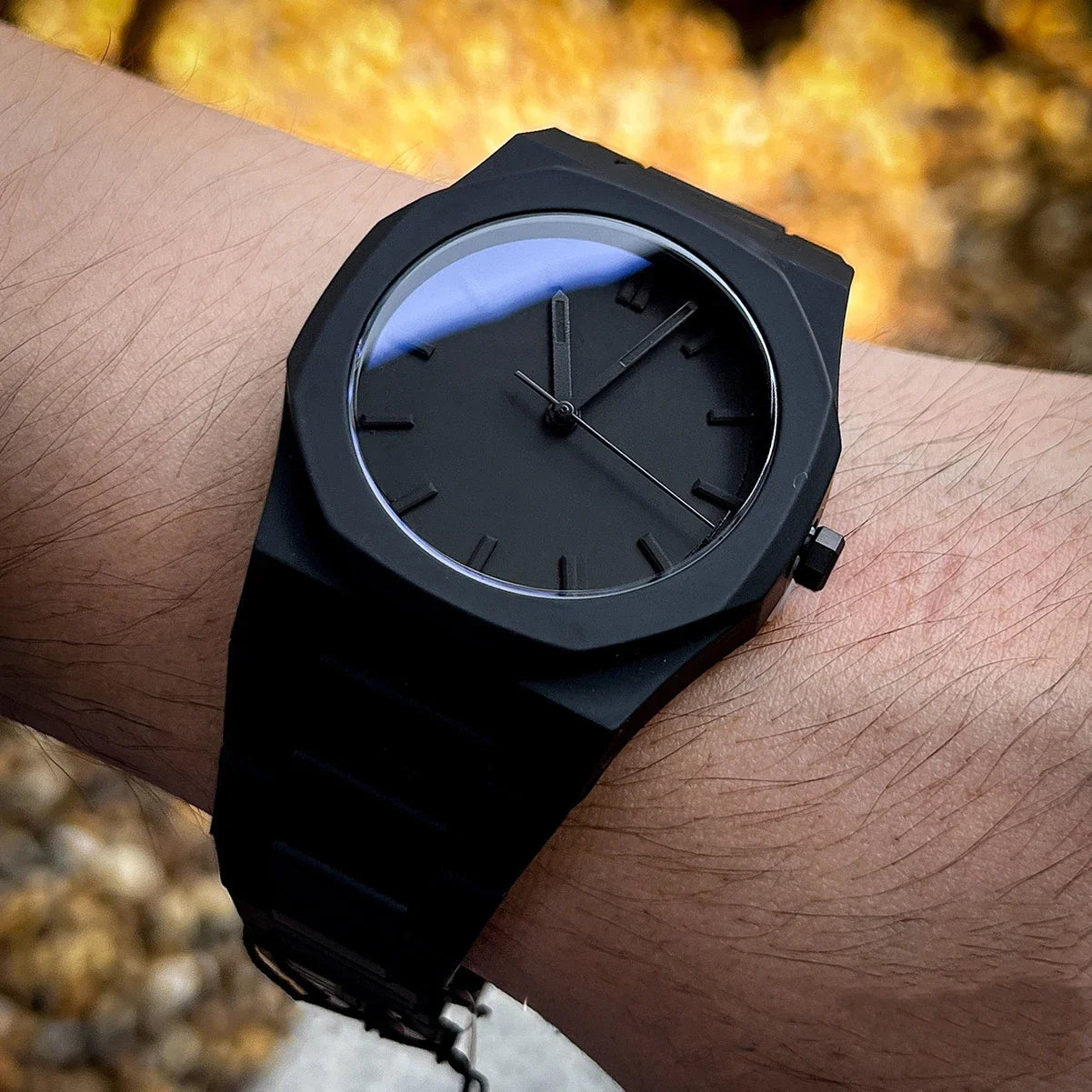 2PCS Men's Watch Sets Fashion Casual Sport Black Resin Quartz Watch Free Bracelet Qme