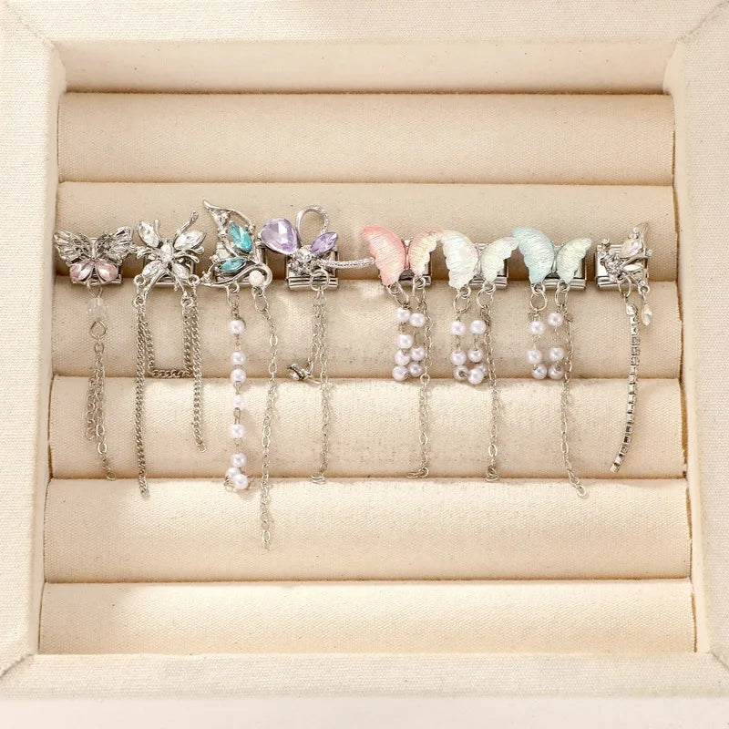 Women Men New Colorful Butterfly Zircon Long Pearl Tassel Chain Italian Charms Fit 9mm Stainless Steel Bracelet DIY Jewelry Gift Qme