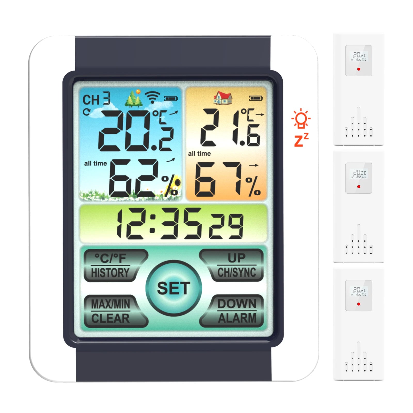 Digital Weather Station Clock Indoor Outdoor Forecast Barometer Qme with 3 sensors