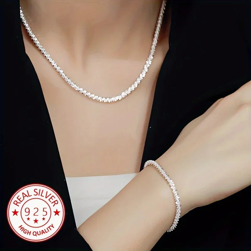 Luxury 2pcs Set 925 Sterling Silver Charms Bracelets Necklaces Jewelry Set for Women Lady Designer Jewelry Wedding Party Gifts Qme
