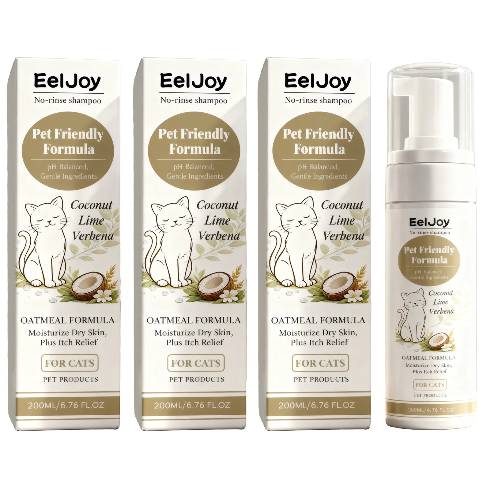 Fragrant Cat Shampoo Moisturizing Remove Dirt Reduce Odors Control Oil Relieve Itching No-Rinse Hypoallergenic Cat Shampoo Foam Qme 3 x 200ml Boxed