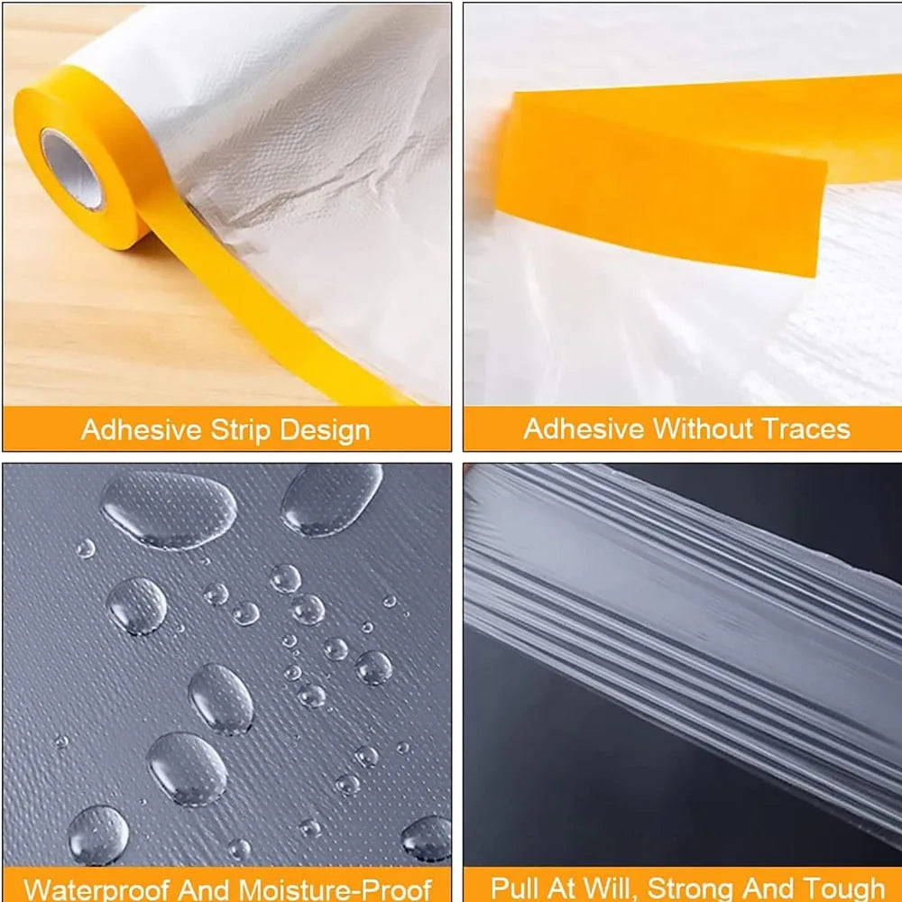 Tape and Drape, Pre-Taped Masking Film, Paint Adhesive Protective Film Roll for Covering Skirting, Frames, Cars and Auto Body Qme