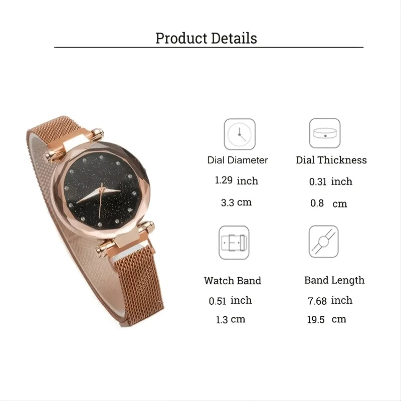 5pcs/set Women Ladies Watches, Starry Sky Magnet Buckle Dial Rhinestone Mesh Straps Bracelet Wristwatch + Marble Bracelet Qme