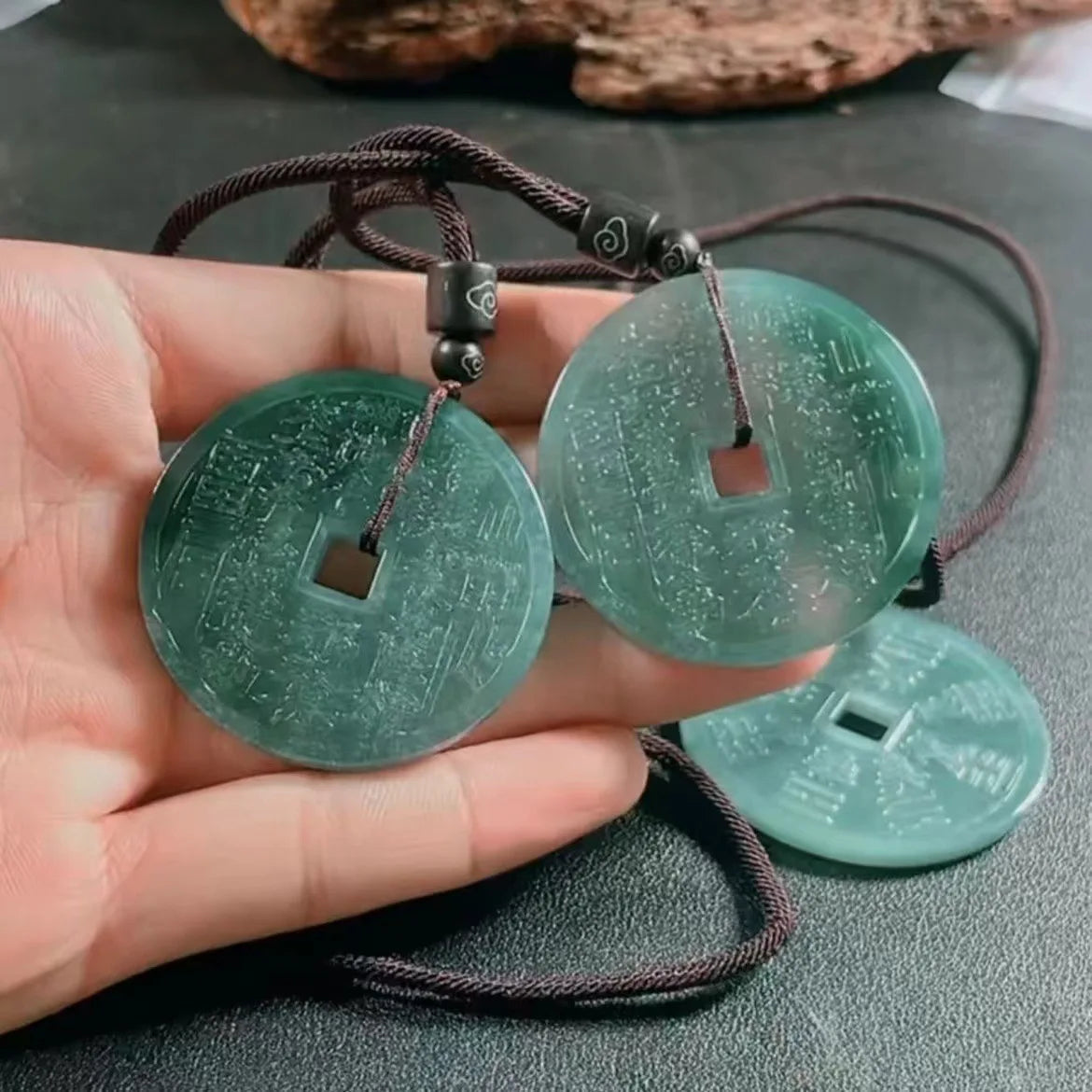 Natural Jadeite Blue Water Ancient Coins Jade Pendant Necklace Lucky Bagua Jewelry Suitable for Men and Women Qme