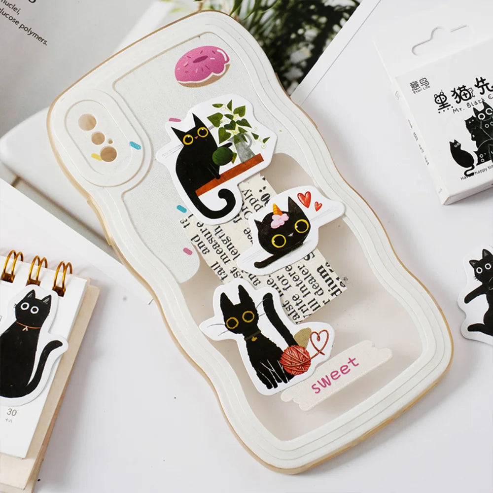 46pcs/Box Stickers Kawaii Black Cat Items DIY Handbook Stickers Boxed Cute Diary Greeting Card Sticker Stationery Decoration Qme