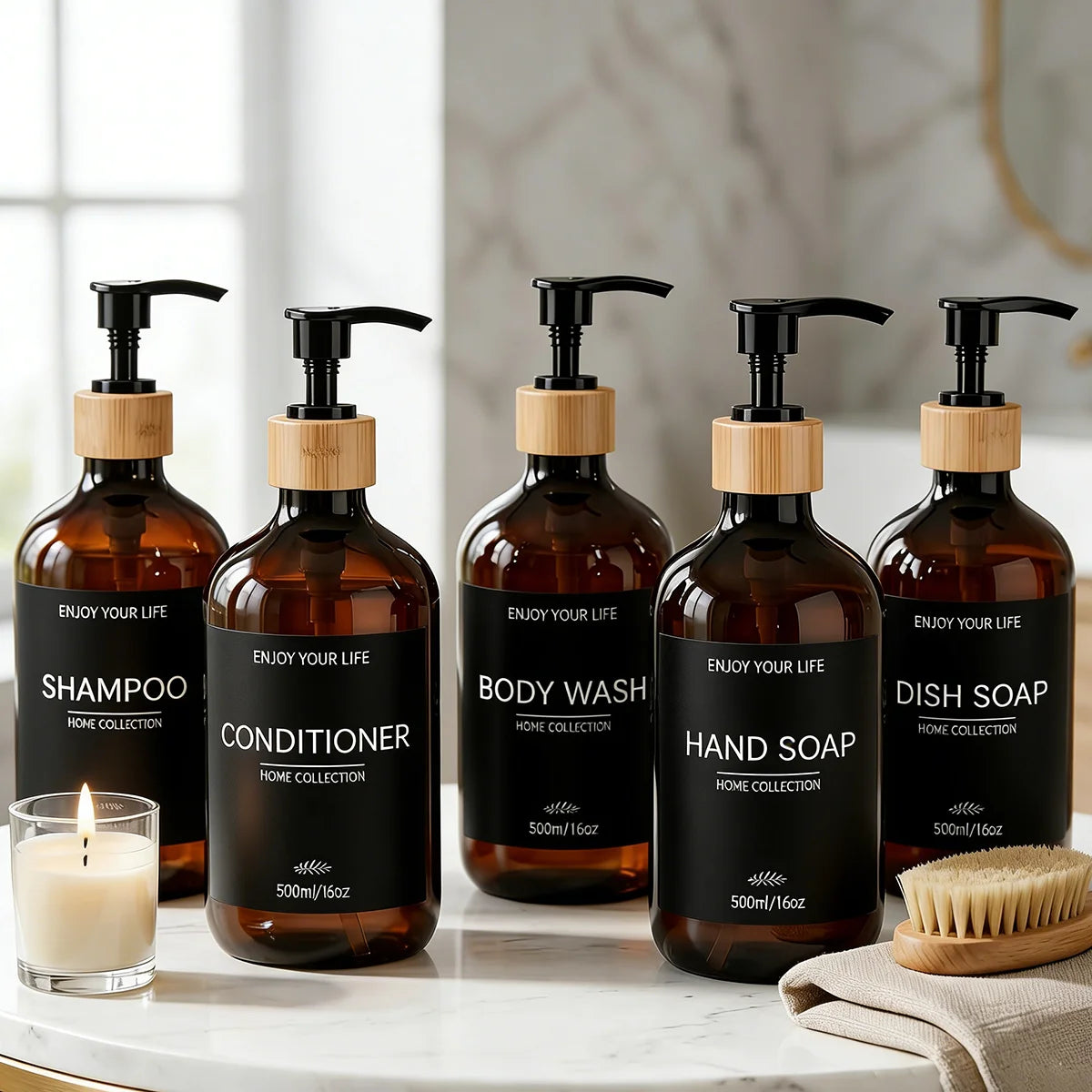 Refillable Amber Plastic Soap Dispenser with Bamboo Pumps Shatterproof Bottles for Shampoo Conditioner Body Wash Hand & Dish Qme