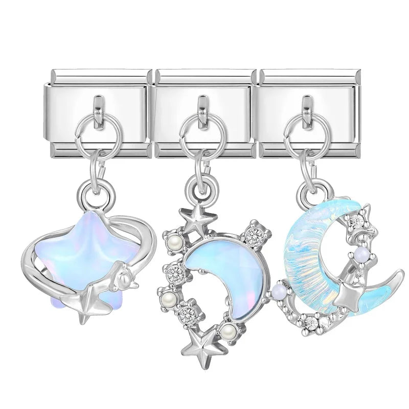 2026 3PCS Beautiful Blue Moon Heart Starfish Italian Charms Link 9mm Modular Bracelet Stainless Steel DIY Gift Jewelry Wholesale Qme Style 9