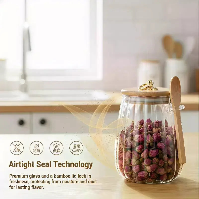 Clear Glass Food Containers with Wood Lid and Spoon Kitchen Storage Jar Sealed Cans for Loose Tea Candy Cereal Organizer Qme