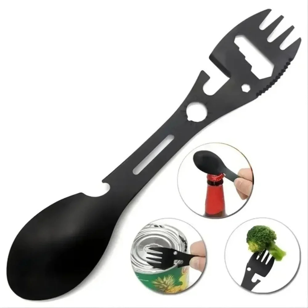 Multifunctional Outdoor Spoon Fork Tool 10 in 1 Survival Kit with Wrench Saw Edge Practical Fork Knife Spoon Bottle/Can Opener Qme
