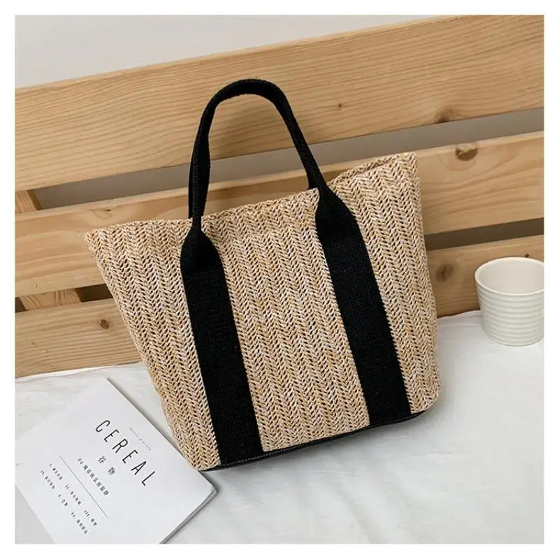 Korean-Style Woven Handbag: Summer Casual Tote - Fashionable Combination Weave for Daily Versatile Outfits Qme Black