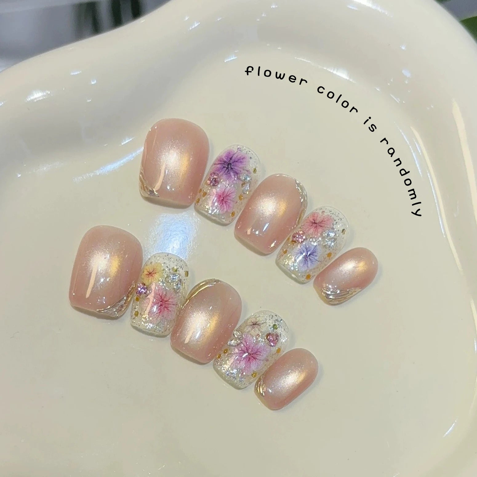 High-end Handmade Diamonds Chic Pink Flower Press Nails Sweet Cat Eye Qme GJ-CDJ-ZB202-S
