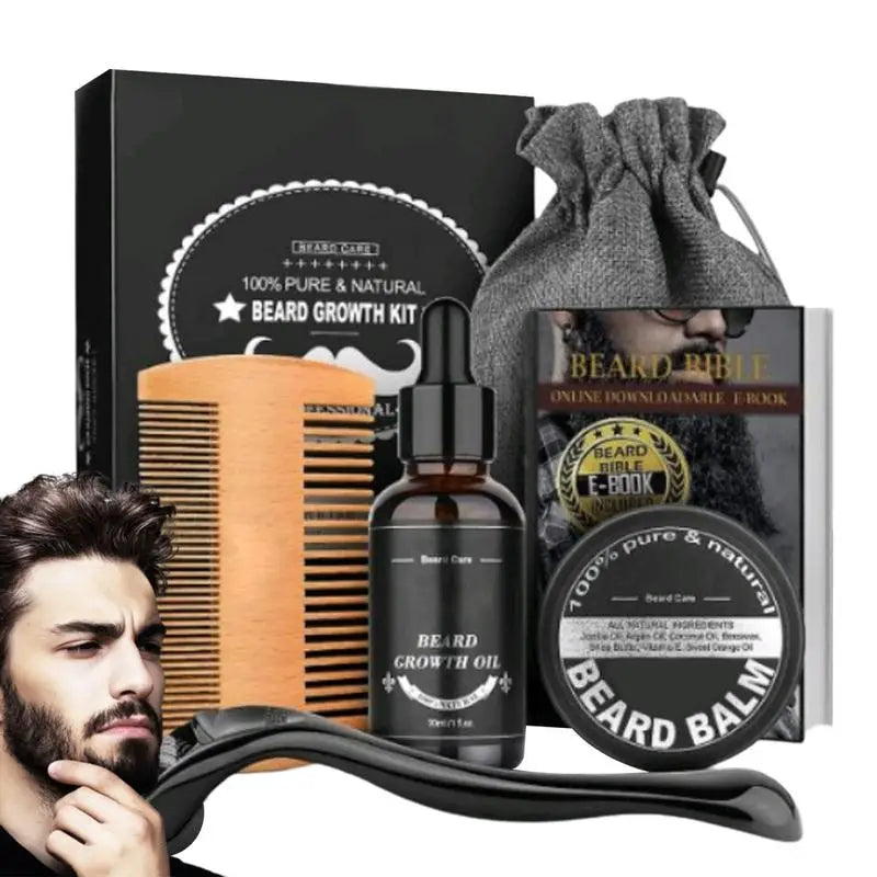 5pcs Men Beard Barba Grooming Beard Set Beard Growth oil Men Hair Enhancer Thicker Mustache Grooming Beard Care Oil comb bag Qme