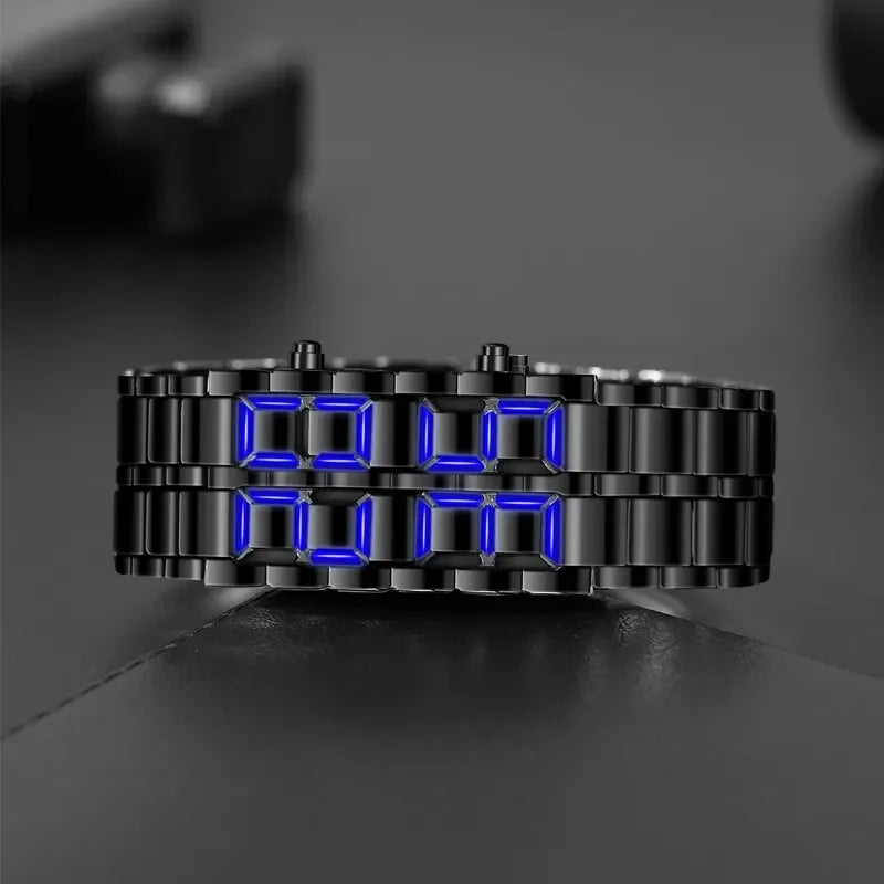 Relógio de pulso digital Lava masculino, metal completo preto, display LED azul, relógios masculinos, presentes para homem, Qme
