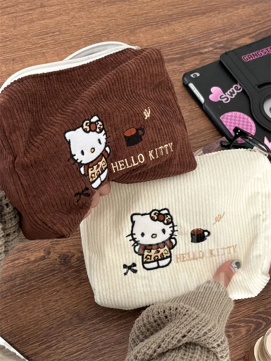 Hello Kitty Embroidered Handheld Corduroy Makeup Bag Large Capacity Qme
