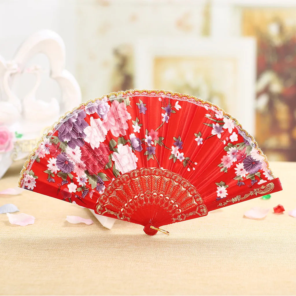 Best Dance Wedding Party Lace Silk Folding Hand Held Flower Fan Multi Color Patterned Plastic Folding Fan Dance Fan Qme Red