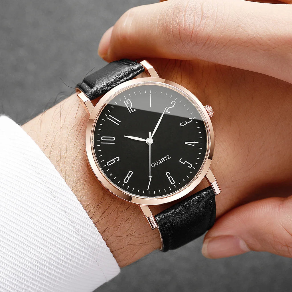 4Pcs Men Jewelry Set Black Leather Quartz Watch + Necklace + Ring + Bracelet Fashion Casual Wristwatch Set Relogio Masculino Qme
