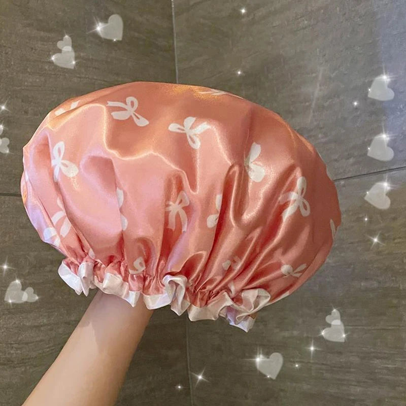 Double-layer Water-proof Shower Cap Antifouling Kitchen Hair Cover Qme Pink