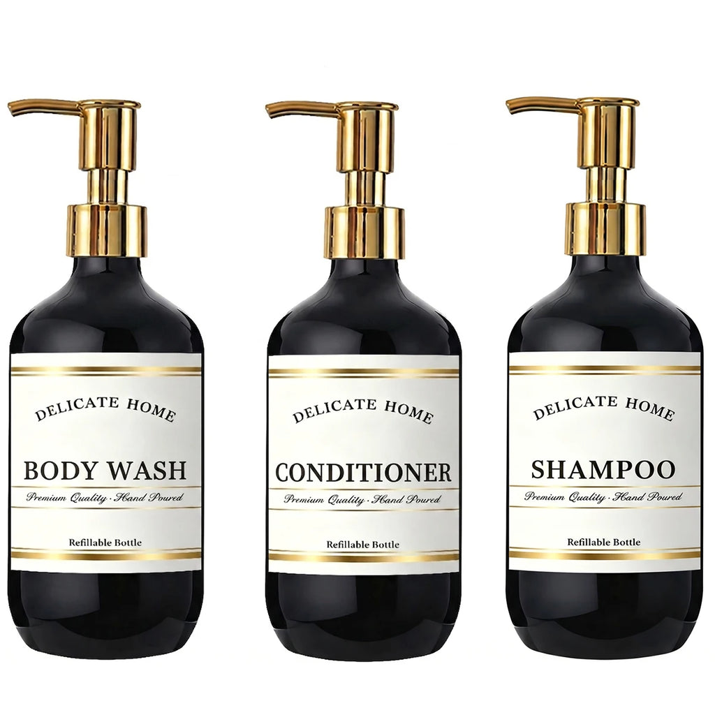 Black Refillable Shower Bottles Set, 3 Pack 16.9oz Plastic Pump Bottles Shower Dispensers for Shampoo Conditioner, Body Wash Qme glossy black