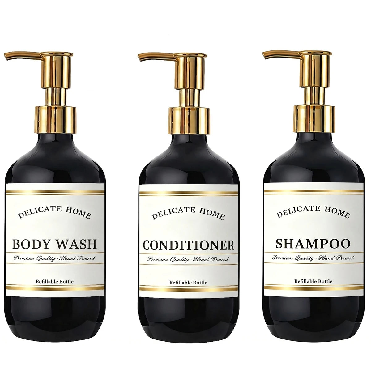 Black Refillable Shower Bottles Set, 3 Pack 16.9oz Plastic Pump Bottles Shower Dispensers for Shampoo Conditioner, Body Wash Qme glossy black