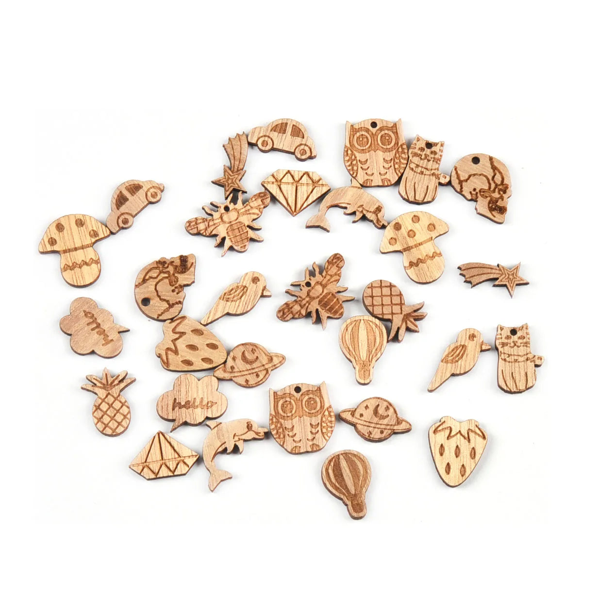 20Pcs 10-25mm Vintage Mix Pattern Bee/Cat/Mushroom/Diamond Wood Pendant Crafts DIY Scrapbook Handmade Supplies Hanging Ornaments Qme