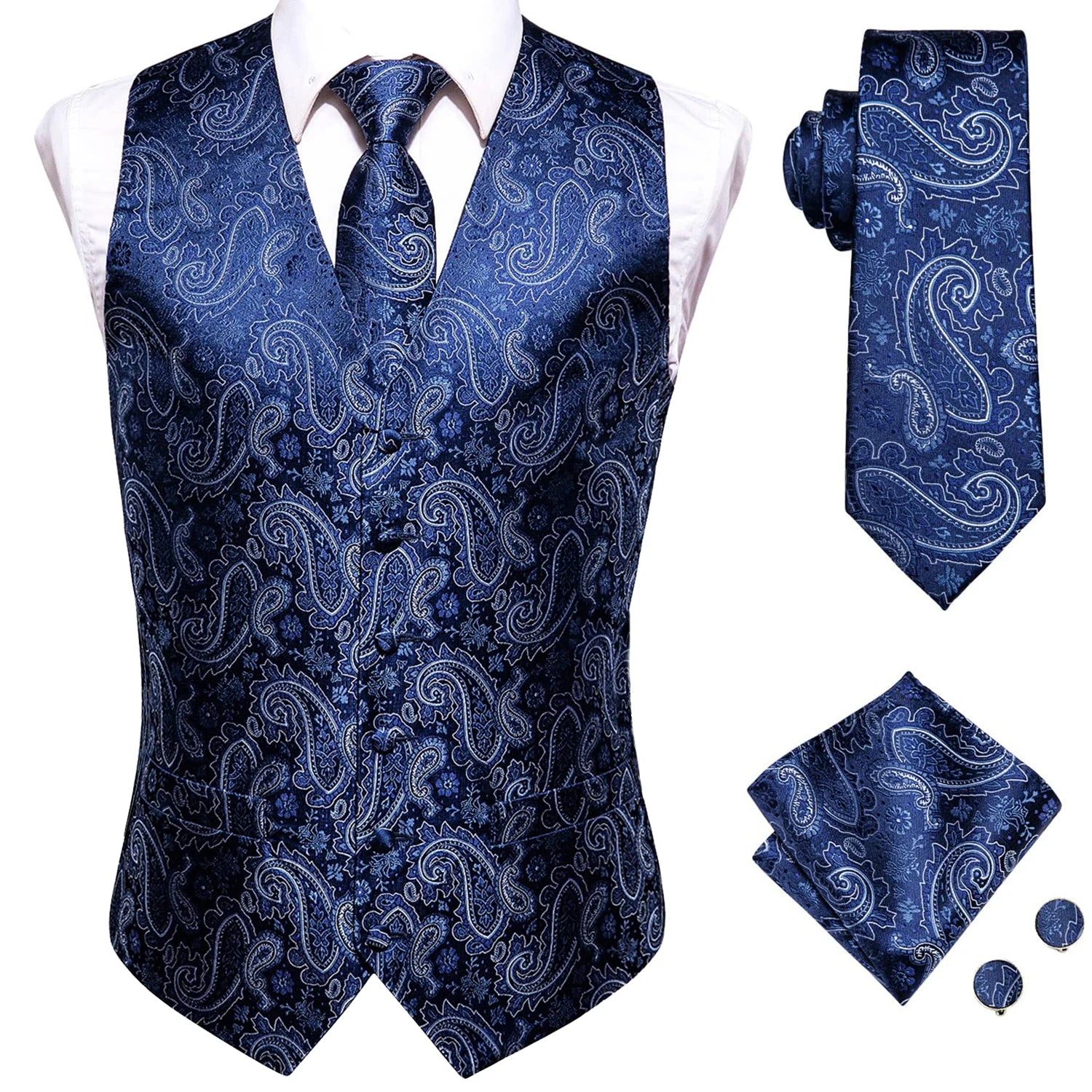 Mens Suit Vest Tie Hanky Cufflinks Jacquard Floral Paisley Waistcoat Qme MJ-0020 M