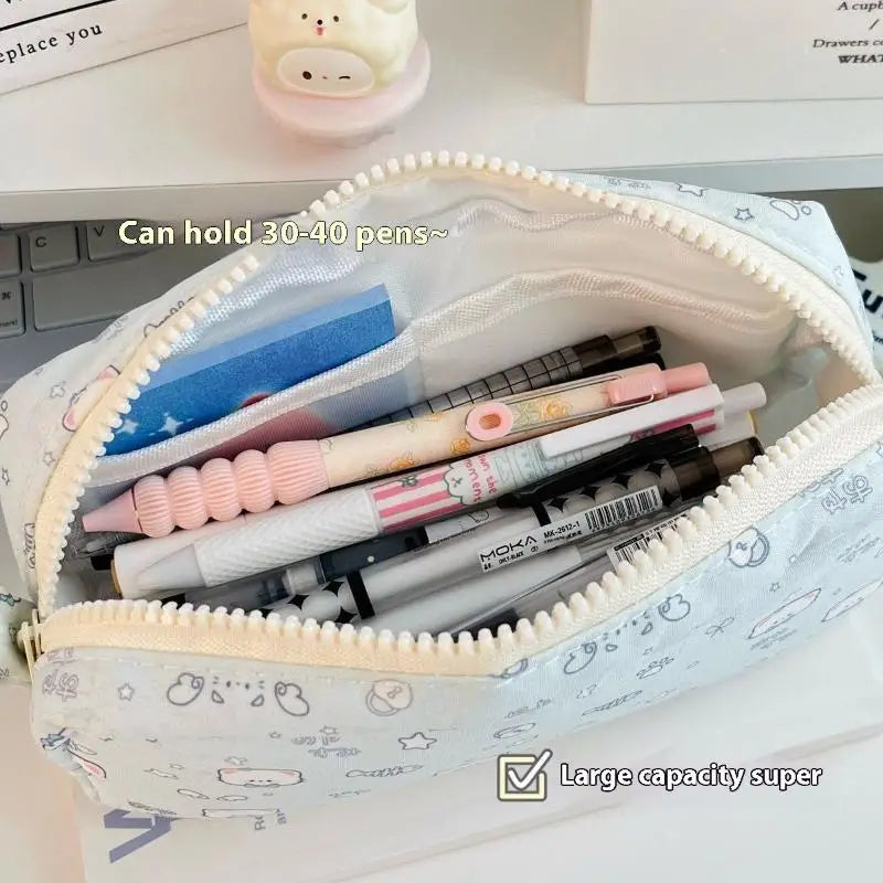 Cute Fishbone Cat Printed Pen Bag Portable Large Capacity Pencil Case Qme