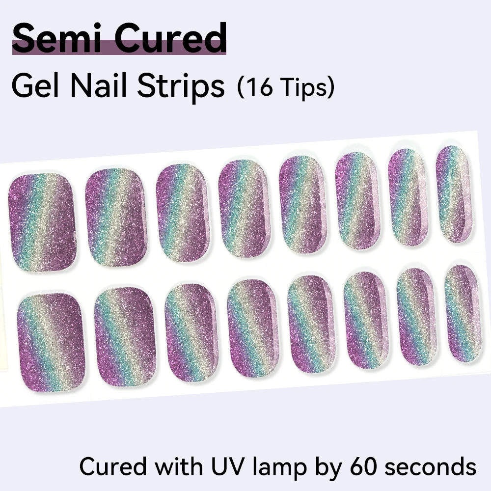 16Tips Semi-cured Gel Nail Sticker Colorful French Glitter UV LED Qme NF240068