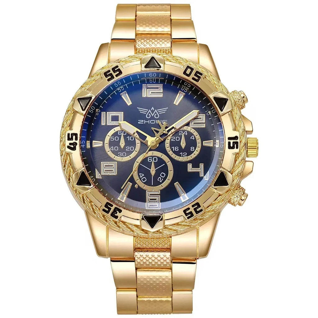 New Business Leisure Fashion Large Dial Alloy Steel Strip Blue Light Three Eye Men's Quartz Watch Qme