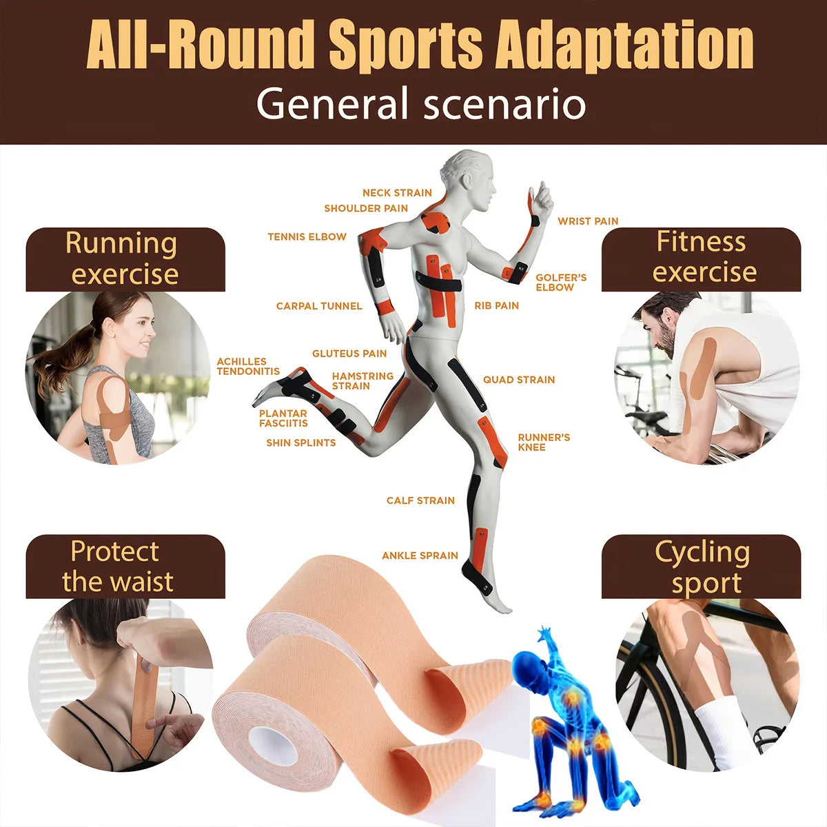 Kinesiology Tape Gym Fitness Bandages Sports Elastic Breathable Cotton Adhesive Tension Injury Boxing Knee Muscle Pain Relief Qme
