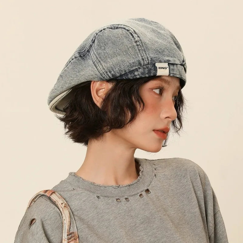 Retro Denim Beret Women's Summer Versatile Washed Old Big Head Qme