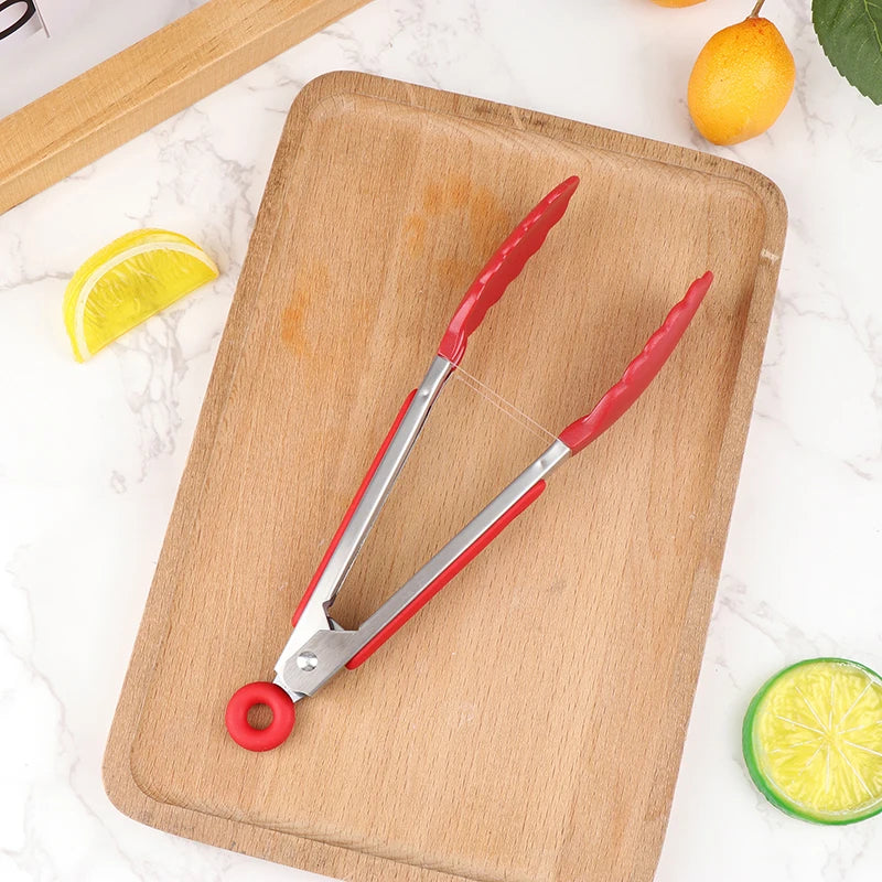 Stainless Steel Food Clip BBQ Grill Steak Non-slip Handle Bread Tong Qme Red
