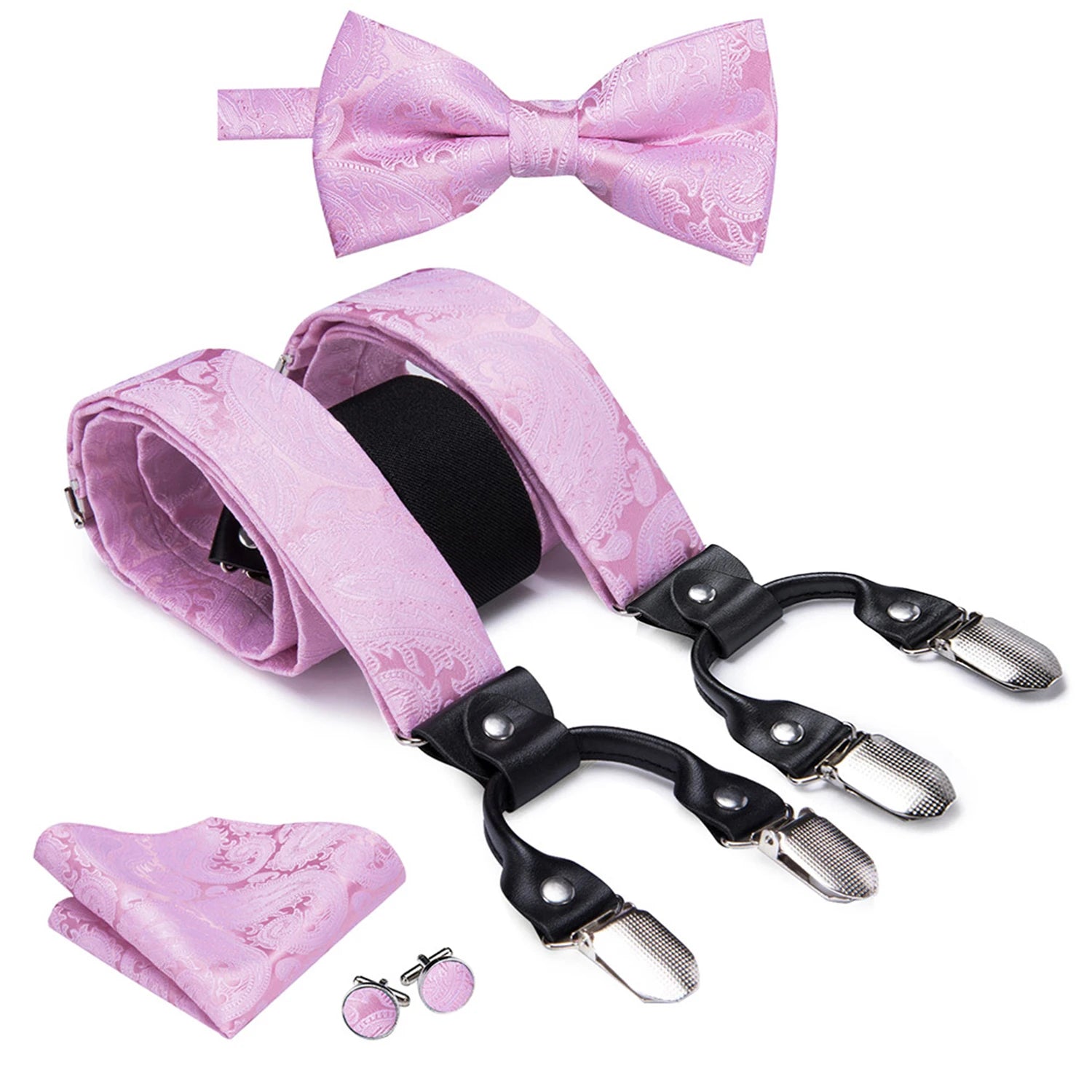 Hi-tie Jacquard Woven Silk Gold Mens Suspender Braces Bow Tie Hanky Qme BD-3028