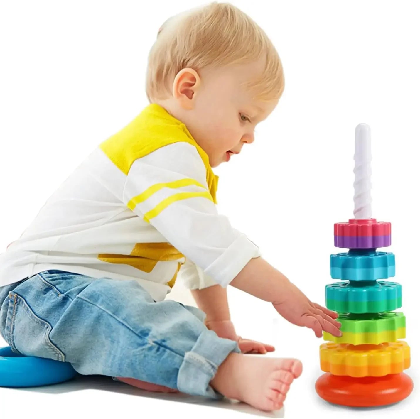 Montessori Rotating Rainbow Tower Baby Stacking Puzzle Toys Safety and Environmental Protection Colored Children's Toys Boy Girl Qme