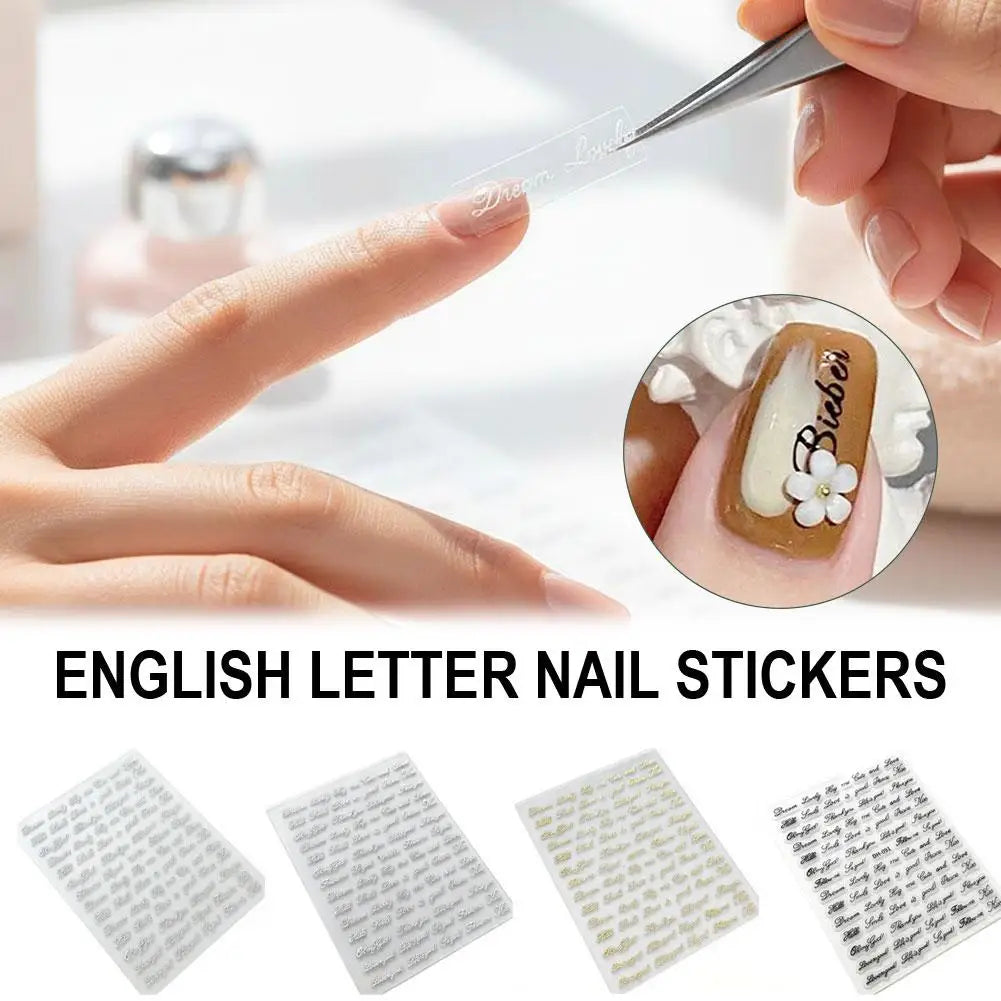 English Words Nail Art Stickers 3D Alphabet Decals DIY Metallic Gold Qme