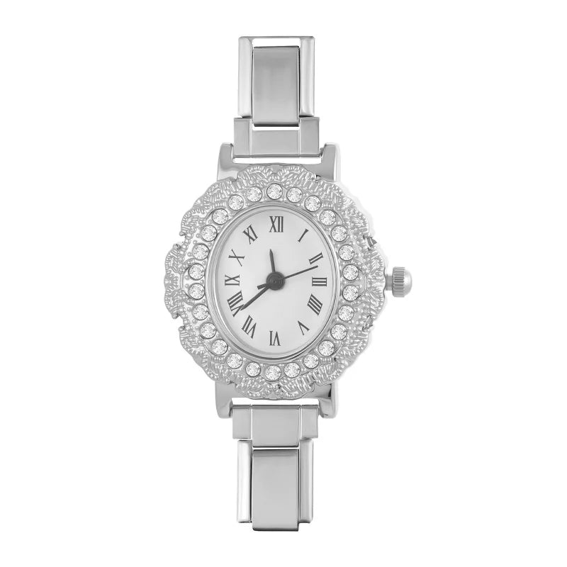 Y2K Vintage Golden High Quality Oval Shiny CZ Stainless Steel Watch Bracelet Women's 9MM DIY Italian Charm Bangle Jewelry Gifts Qme S 39