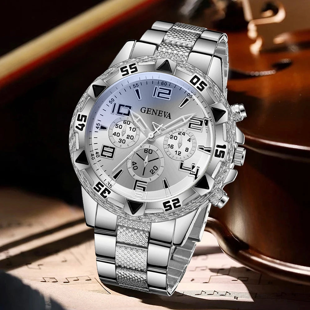 Geneva silver plate three eyed men's steel strap watch full diamond Cuban bracelet necklace three piece set, Qme