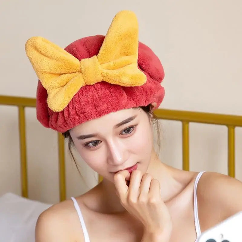 Dry Hair Cap Cute Bow Velvet Towel Ladies Super Absorbent Quick Dry Head Wrap Towel Shampoo Bath Caps Bathroom Toiletries Qme Red