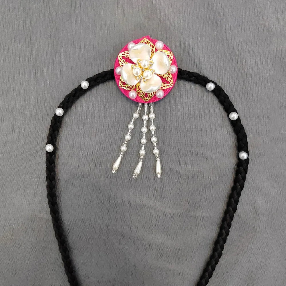 Retro Flower Hanbok Wig Headdress Pearl Traditional Korea Ethnic Qme Style2-Rose Red