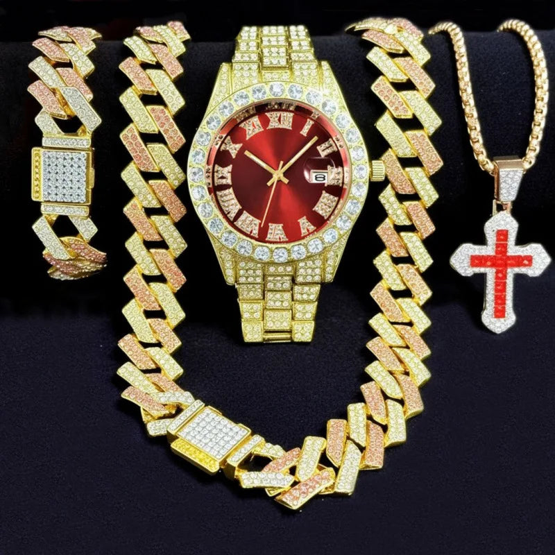 Men's Bling Jewelry Set: Gold Iced Out Watch + Two-tone Cuban Link Chain + Bracelet + Blue Cross Pendant Necklace, 4Pcs Hip Hop Qme Rose