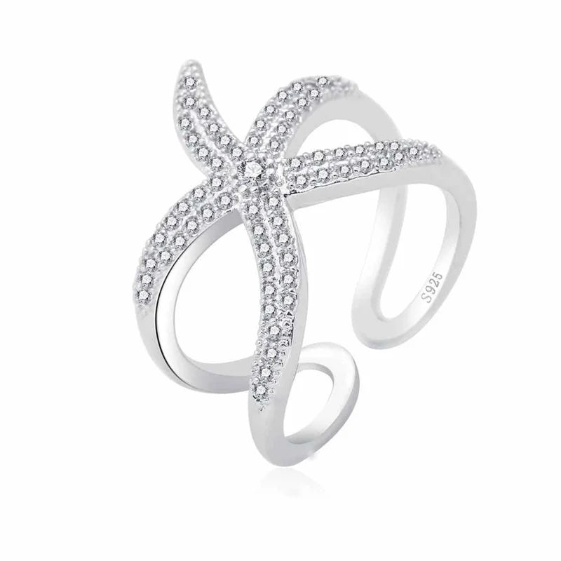 Newest Original 925 Sterling Silver Color Adjustable Ring Big Starfish Paved Shiny White Crystals Opening Rings Women Accessory Qme resizable
