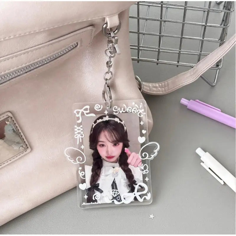 Clear Acrylic Photocard Holder Adorable Wing Print Star Keychain Portable for Fans Backpack Hanging Decor Gift Qme
