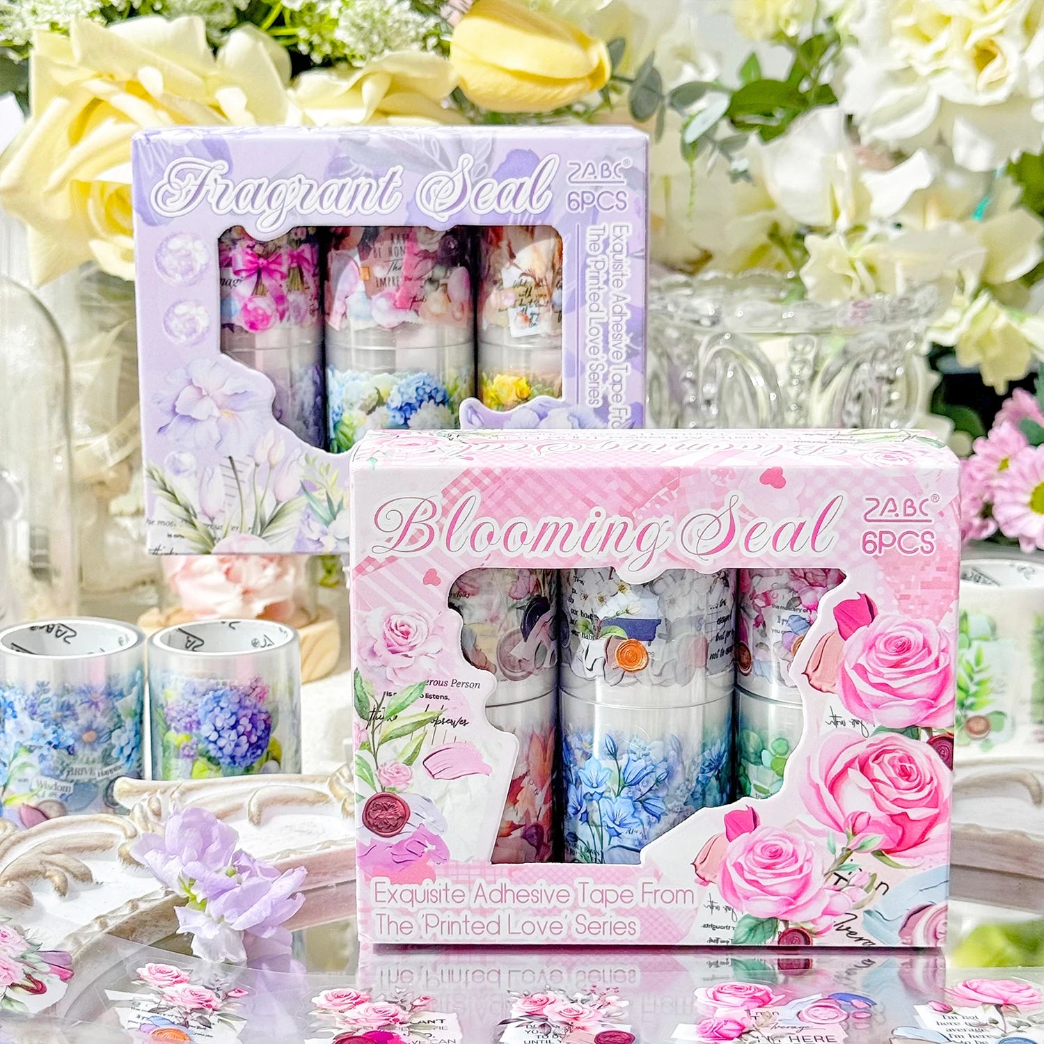 6 Rolls Laser Bright Flowers pattern PET Die cutting Tape Set Decorative Journal Scrapbooking Stickers Masking Tape Stationery Qme