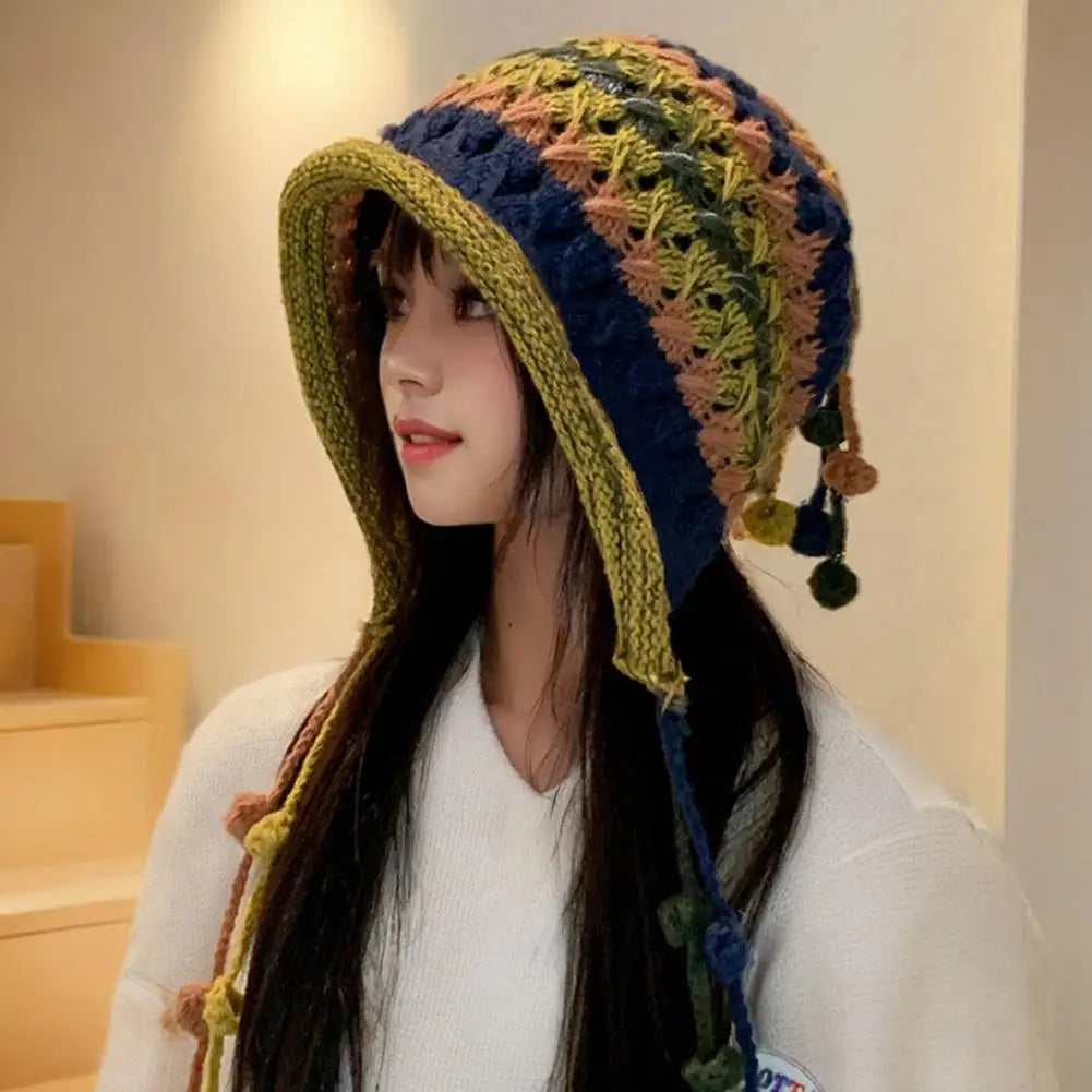 NEW Colorful Rainbow Striped Knit Wool Beanie Hat For Women Winter Warm Crochet Ear Protection Cap Female Snow Windproof Bonnet Qme