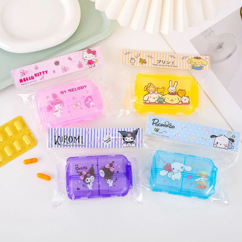 Hello Kitty Kuromi Storage Box Portable, Transparent, Multi-Compartment Pill Organizer Moisture-Proof, Airtight Pill Box Qme