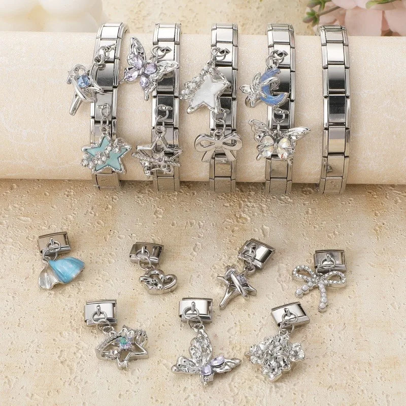 Fashion Blue Sereis Star Pearl Moon Butterfly Italian Charm Links Fit 9mm Stainless Steel Bracelet Women Jewelry DIY Making Gift Qme