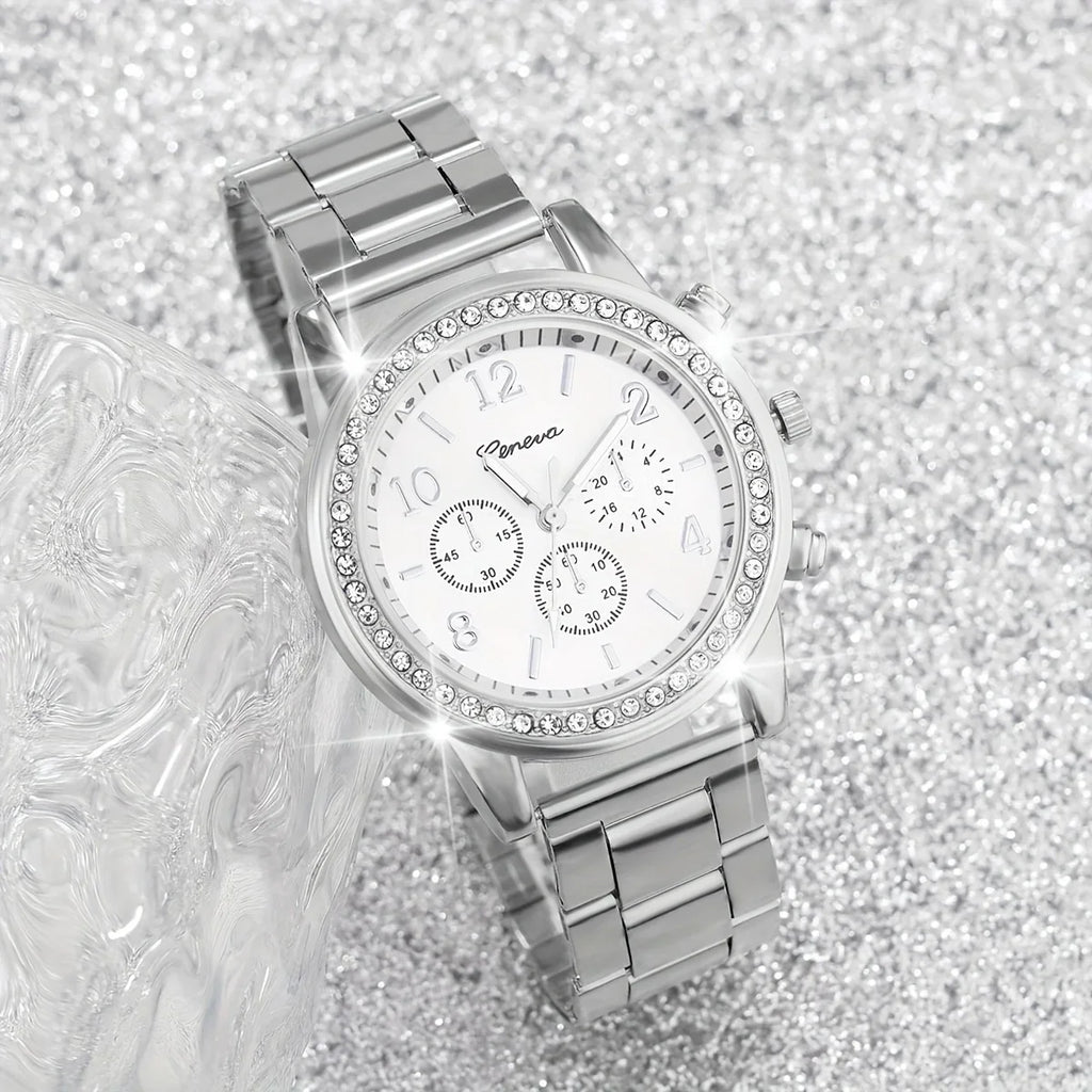 Elegant Women'S Quartz Watch & Jewelry Set - 2pcs, Swiss Movement, Zinc Alloy Band, Round Case, Digital Display Jewelry Qme